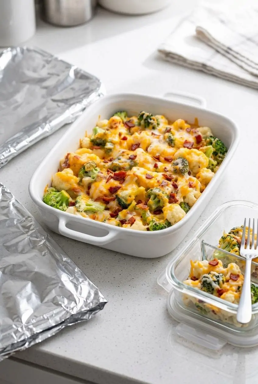 Assembled unbaked broccoli cauliflower casserole ready for the oven beside foil and meal prep containers.