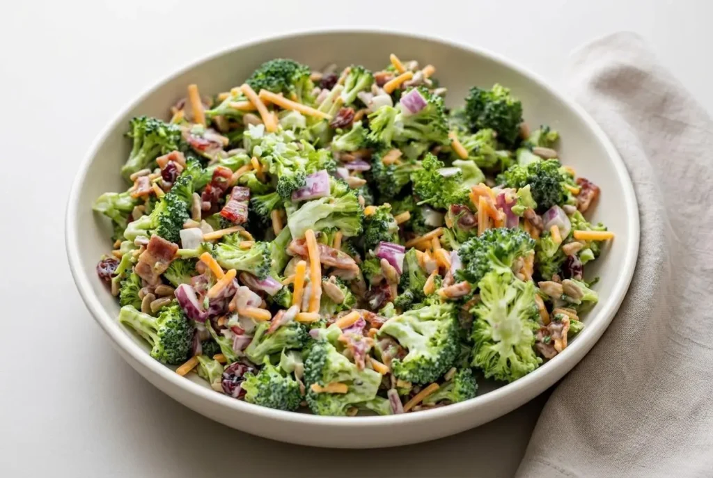 Keto broccoli salad tossed with crispy bacon, shredded cheddar, and creamy dressing.