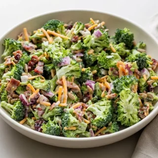 Keto broccoli salad tossed with crispy bacon, shredded cheddar, and creamy dressing.