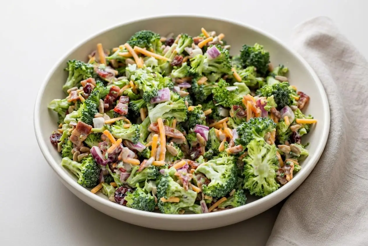 Keto broccoli salad tossed with crispy bacon, shredded cheddar, and creamy dressing.