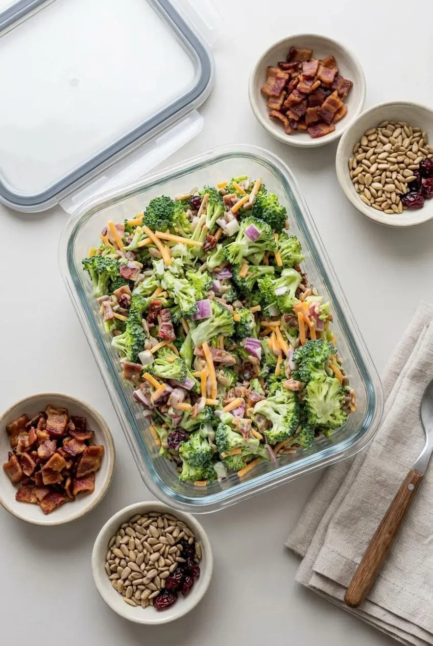 Meal prep container of broccoli salad beside small bowls of crispy bacon and roasted sunflower seeds.