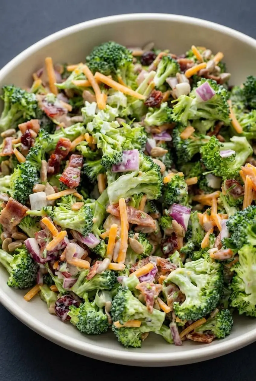 Close-up of keto broccoli salad showing thick dressing clinging to dry florets with bacon crumbles.