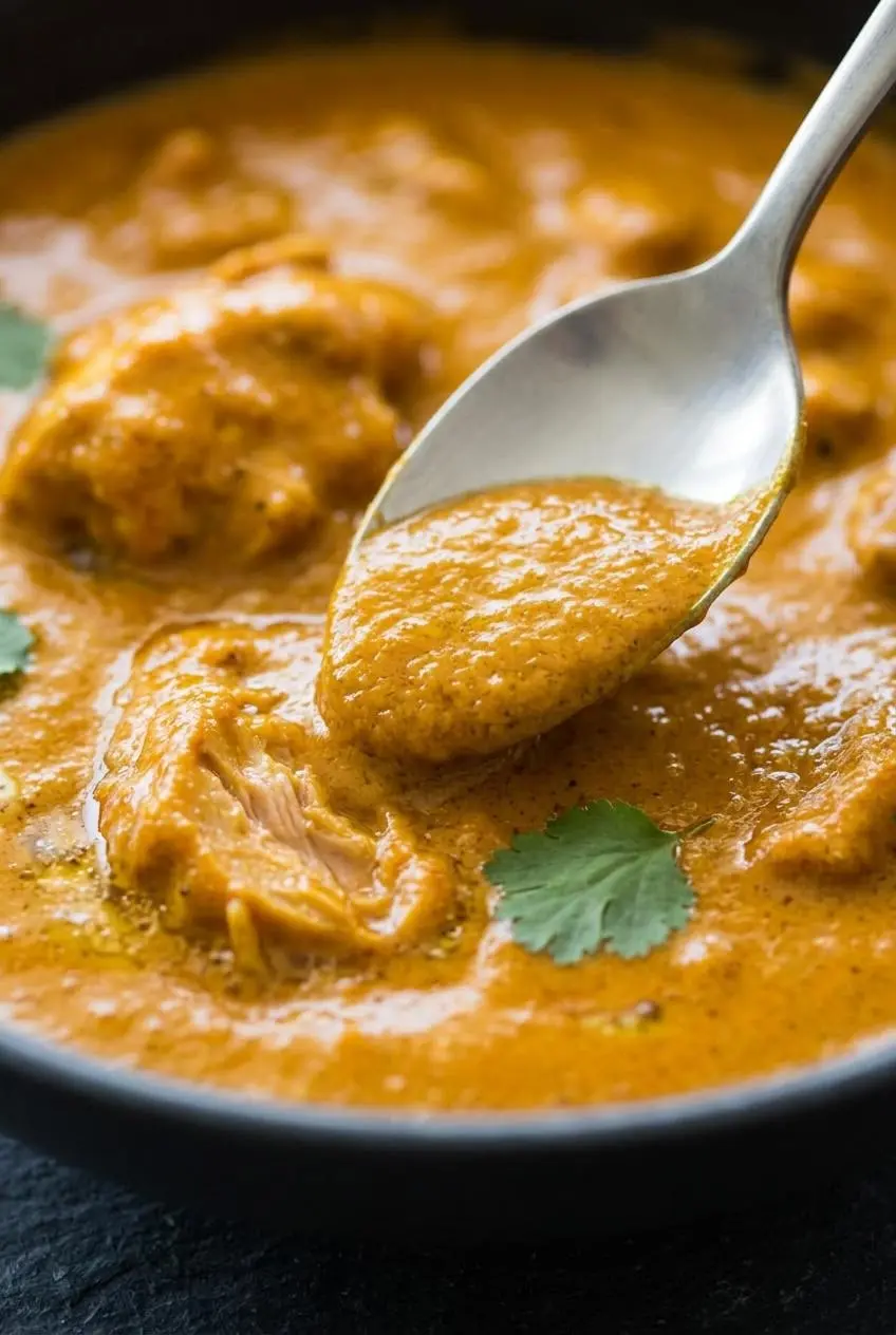 Close-up of a silver spoon lifting rich, glossy orange-gold butter chicken sauce, showing a velvety, emulsified texture.