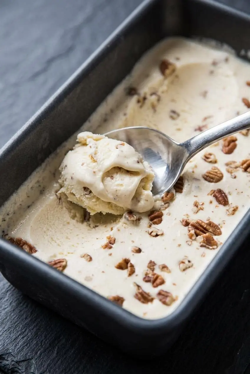 Spoon scooping smooth keto butter pecan ice cream showing velvety texture and crunchy pecan pieces.