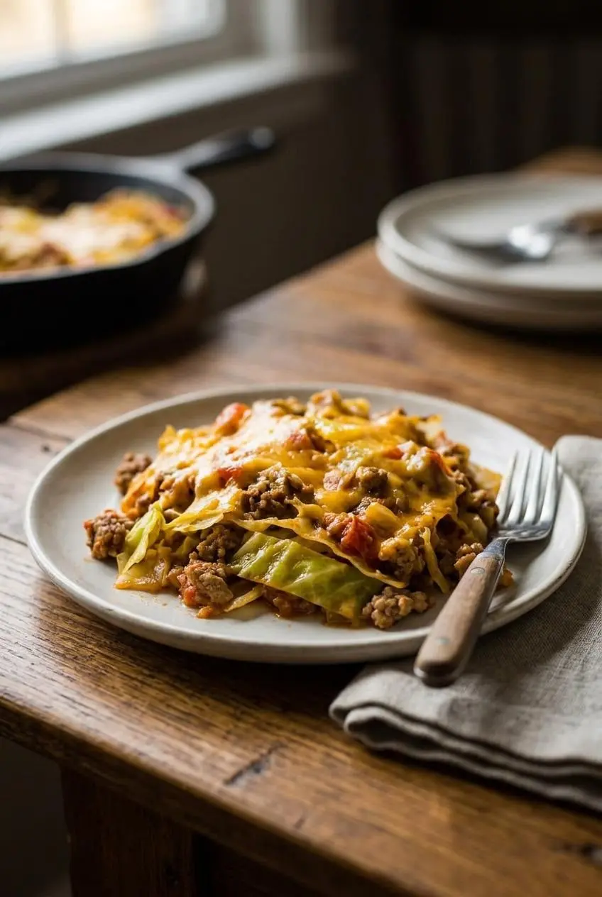 A serving of cheesy cabbage and ground beef casserole on a plate, showing noodle-like layers of cabbage.