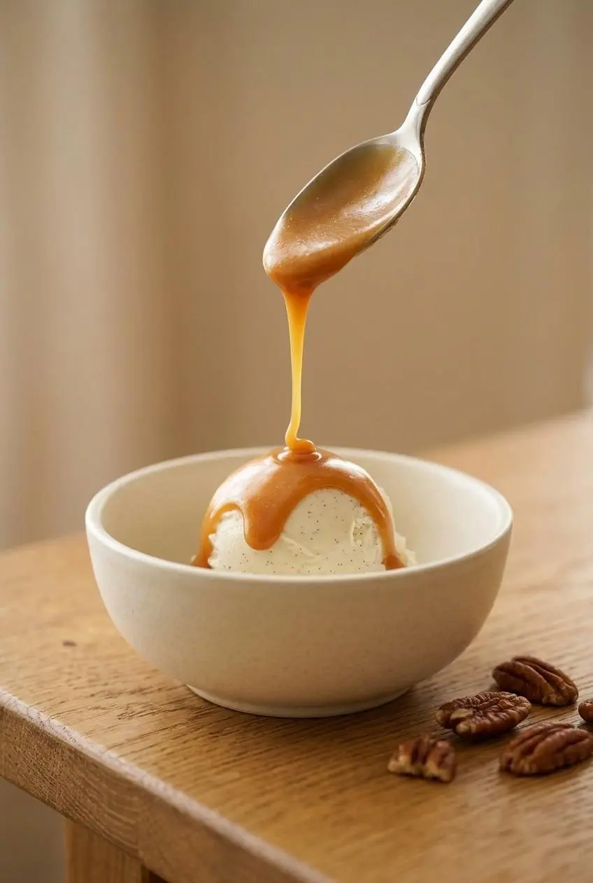 Golden keto caramel sauce drizzled over a single scoop of vanilla ice cream in a bowl with toasted pecans nearby.