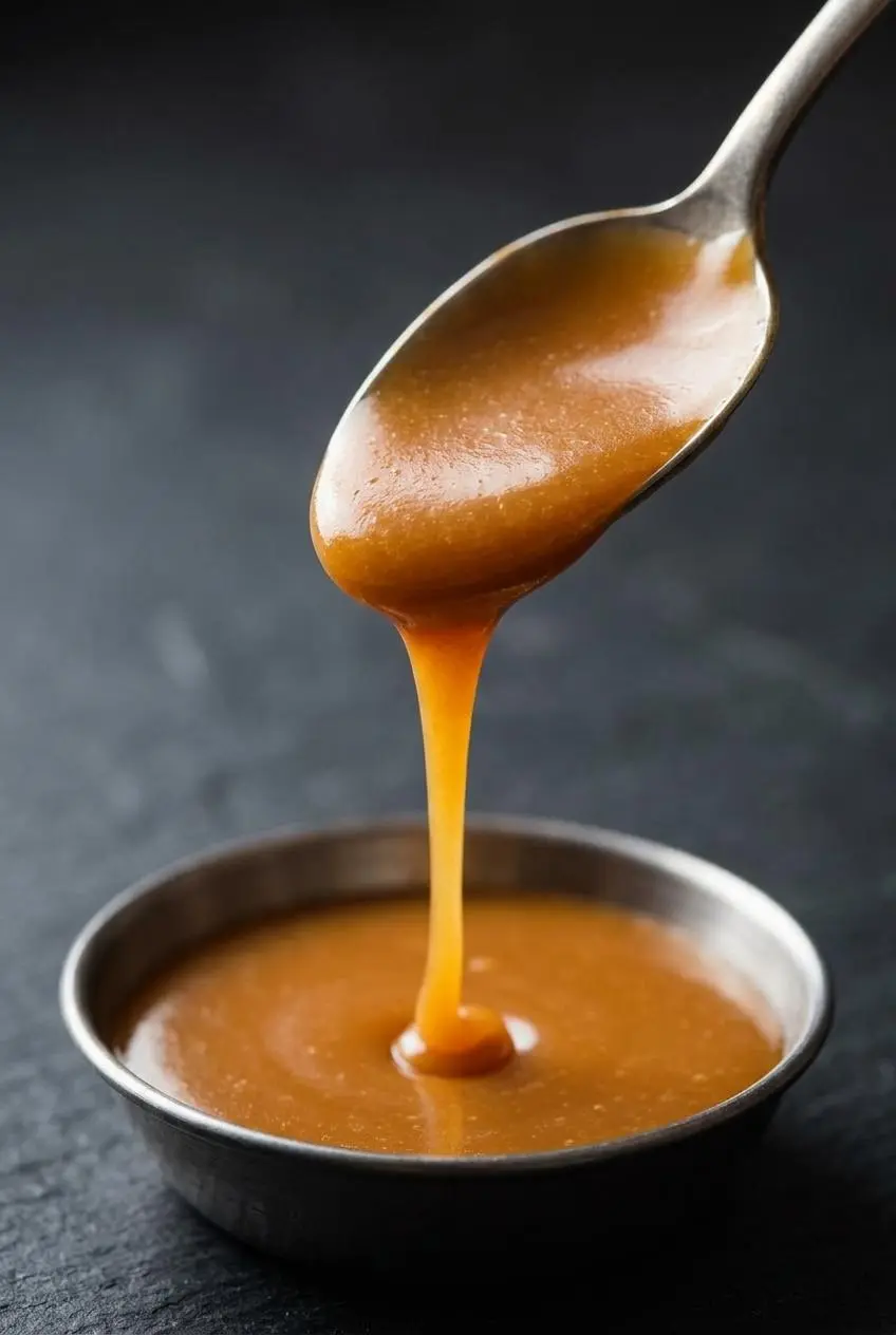 Warm golden-amber keto caramel sauce dripping in a thick, glossy stream off a silver spoon against a dark slate background.