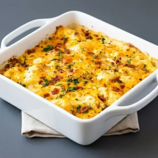 Golden baked keto cauliflower mac and cheese with a bubbly browned cheddar crust in a casserole dish.