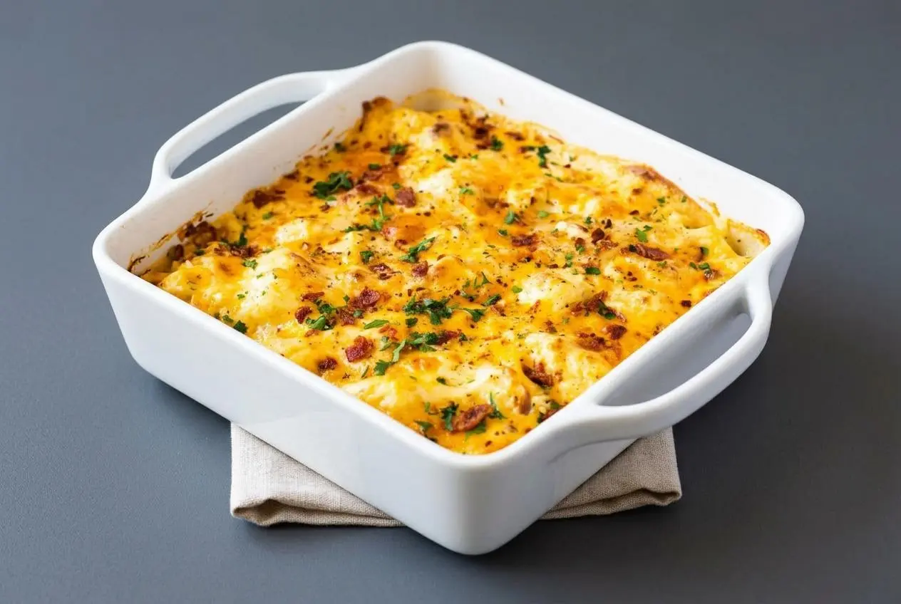 Golden baked keto cauliflower mac and cheese with a bubbly browned cheddar crust in a casserole dish.