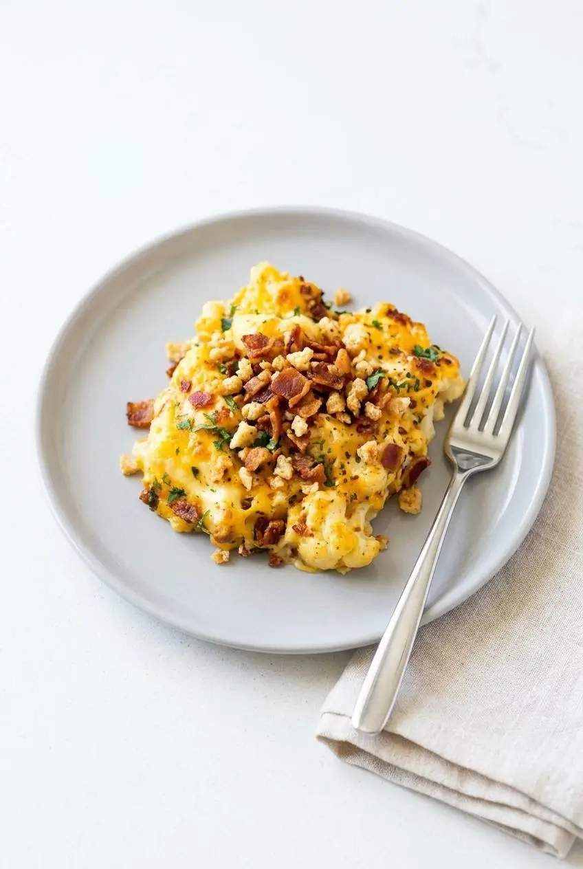 A plated portion of keto cauliflower mac and cheese topped with crispy crumbled bacon and crushed pork rinds.