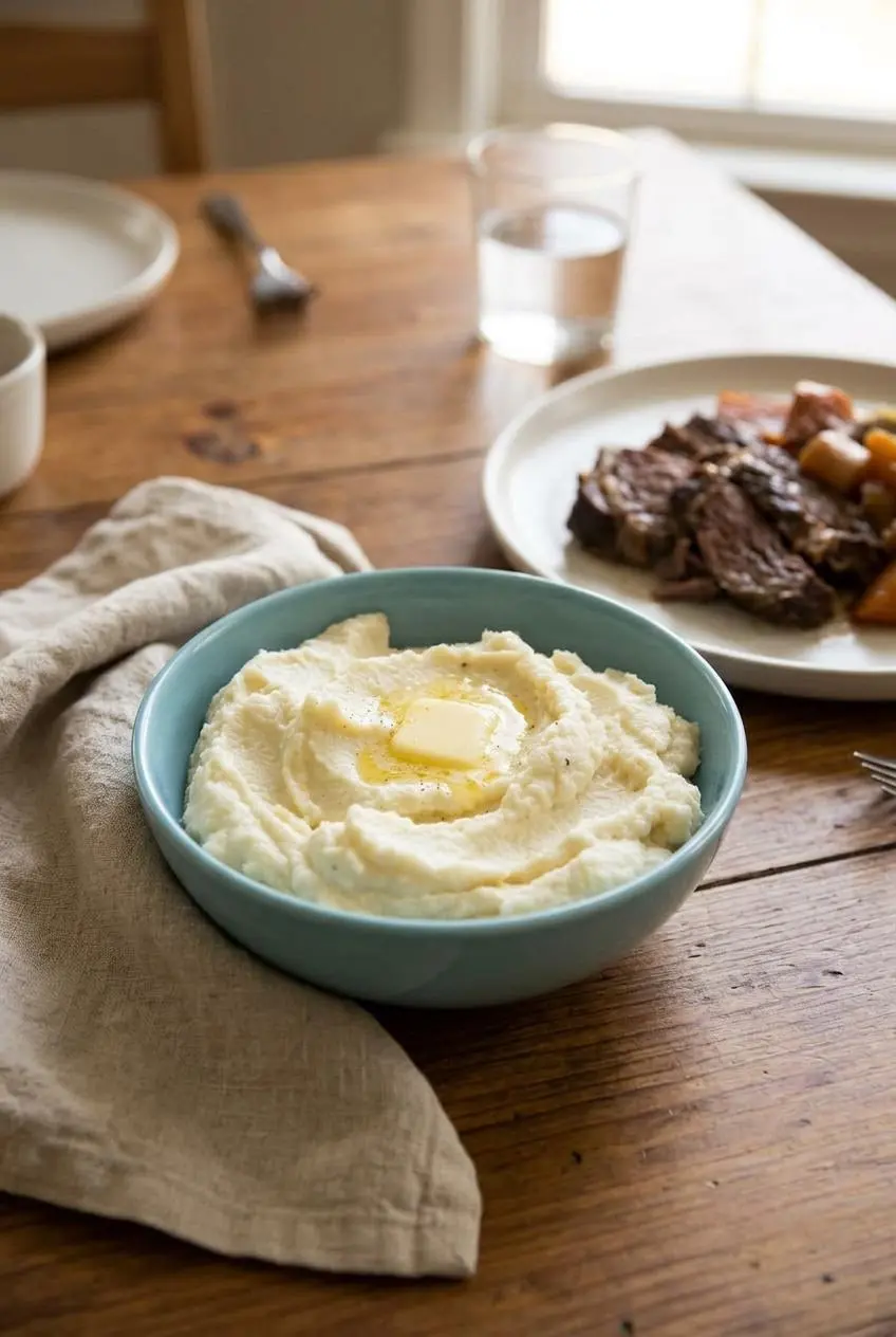 Keto mashed cauliflower with melting butter served alongside savory roasted pot roast on a wooden table.