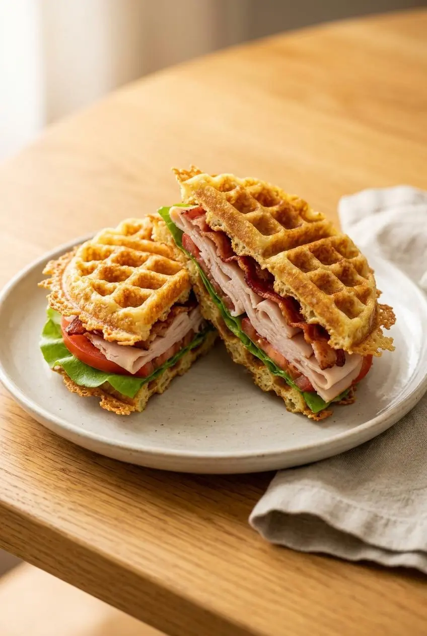 Low-carb keto chaffle sandwich sliced in half with turkey, bacon, lettuce, and tomato.