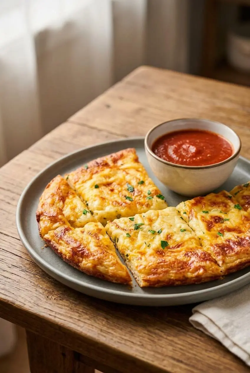 Slices of low-carb cheese bread on a ceramic plate served next to a bowl of red marinara dipping sauce.