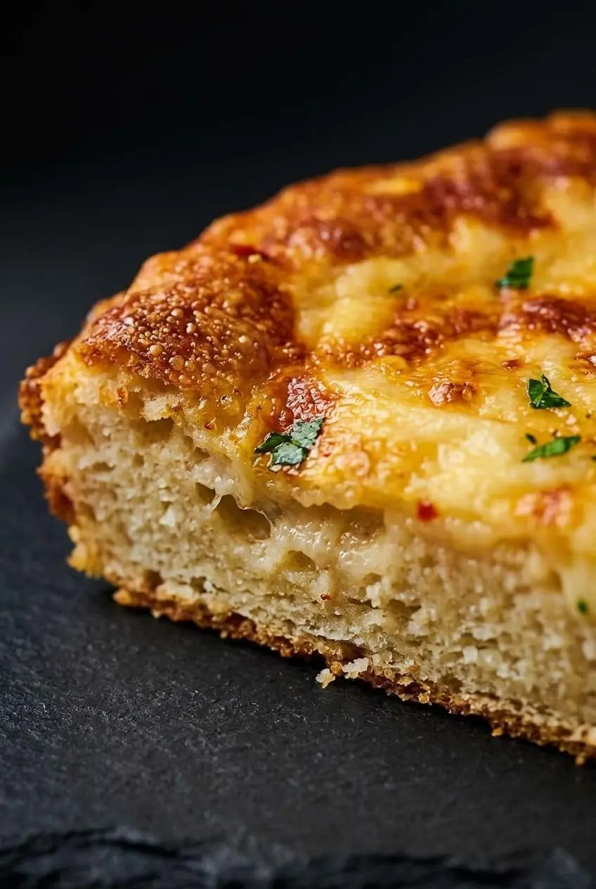 Close-up slice of warm keto cheese bread showing the airy almond-flour crumb and melted parmesan cheese crust.