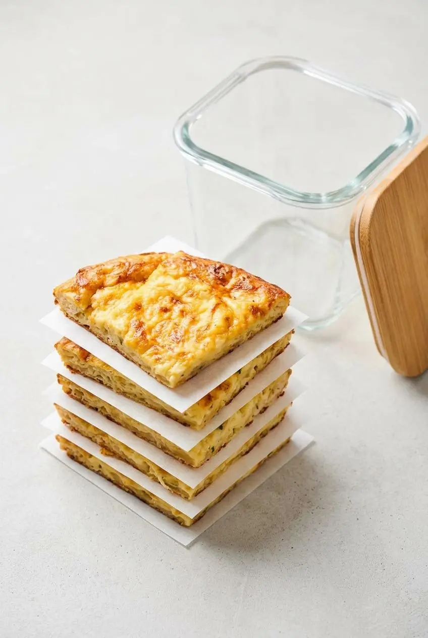 Sliced keto cheese bread stacked with white parchment paper dividers next to an empty glass meal-prep container.
