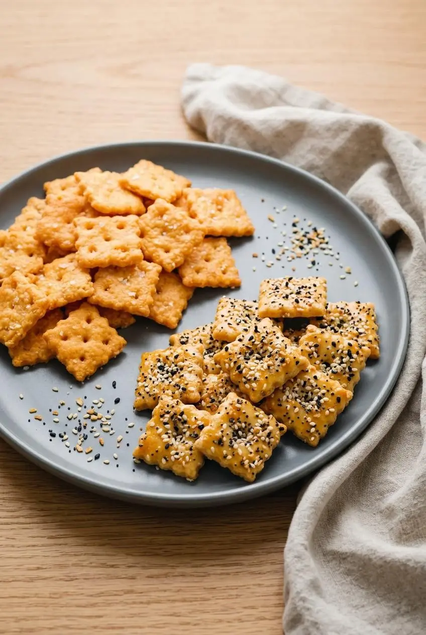 A ceramic platter containing classic wavy-edged cheddar crackers and everything bagel-style cheese crackers.