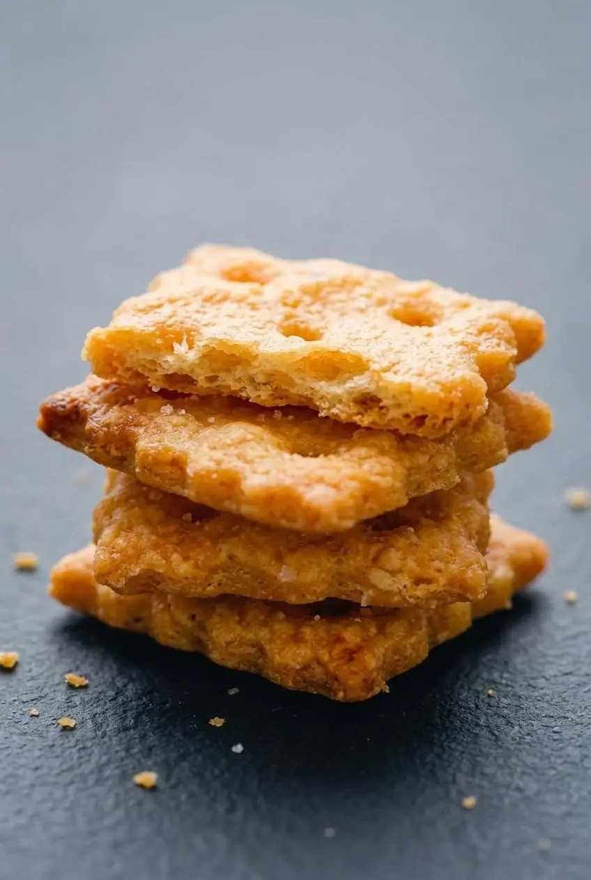 A close-up stack of thin cheddar cheese crackers, with one cracker snapped in half showing its dry, crisp interior.