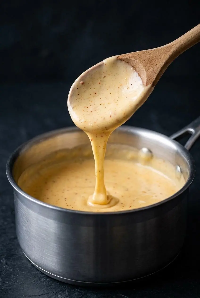 Silky smooth keto cheese sauce with specks of spices dripping from a wooden spoon over a saucepan.