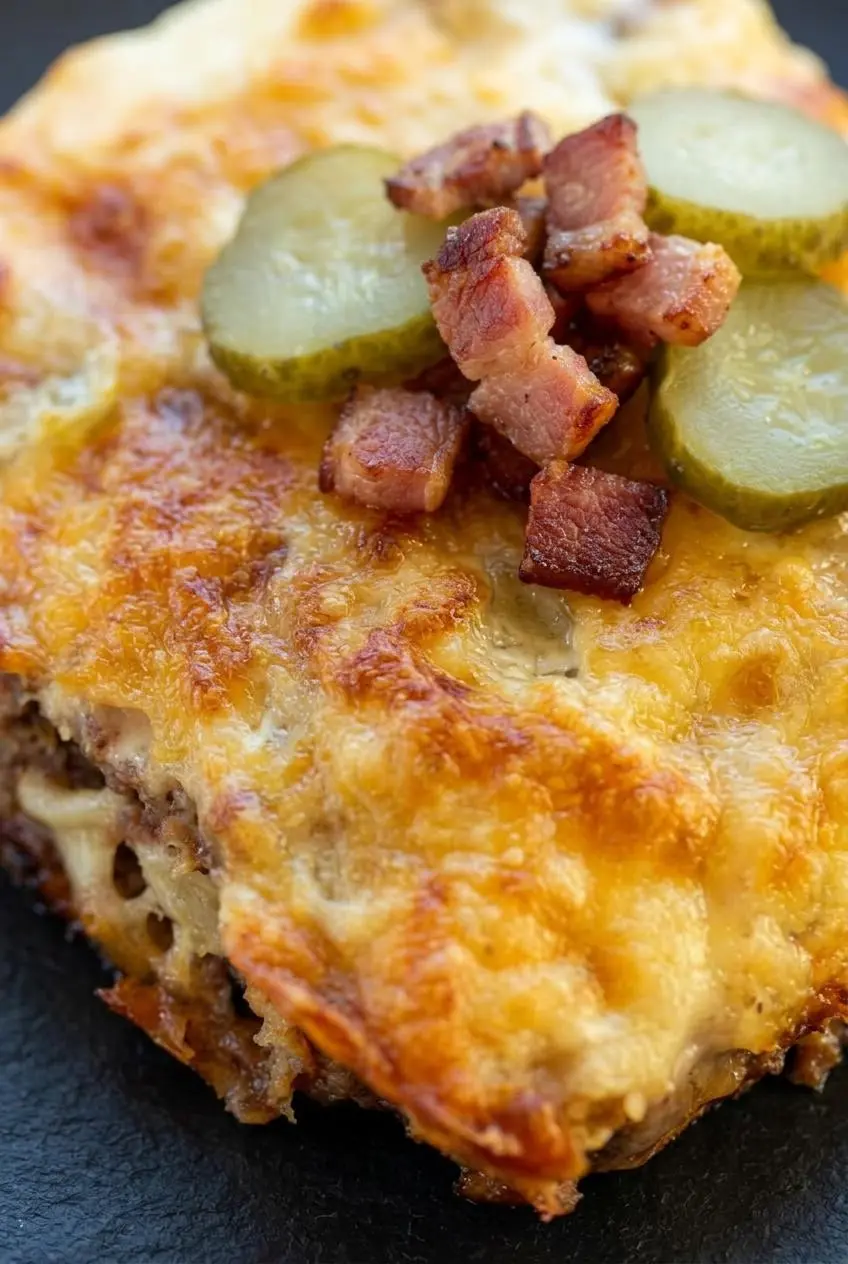 Close-up of bubbly cheddar cheese crust topped with crisp bacon bits and ribbed dill pickle slices on a baked casserole.