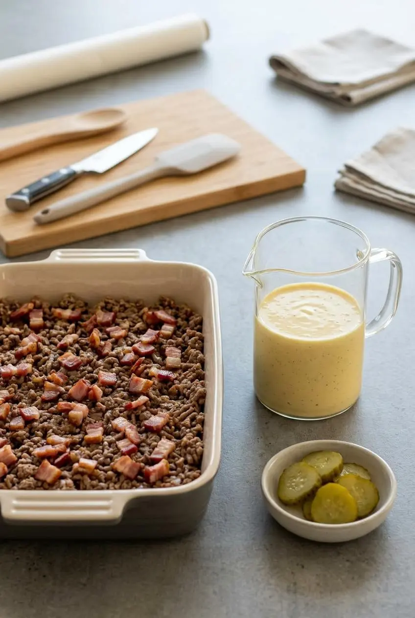 Raw ground beef and bacon base in a ceramic baking dish next to a glass pitcher of yellow egg-cream-mustard sauce.
