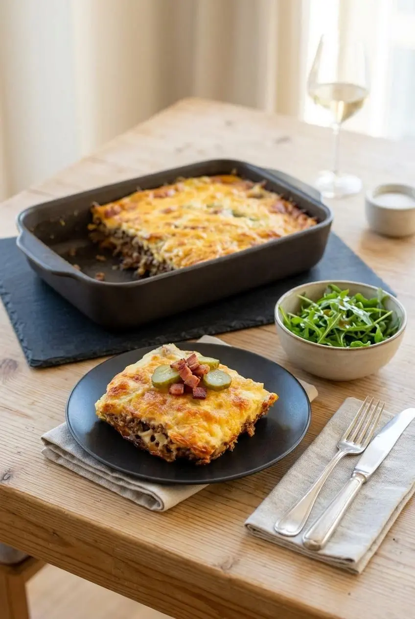 Plated square portion of keto cheeseburger casserole on a plate beside a green arugula salad on a rustic wood table.