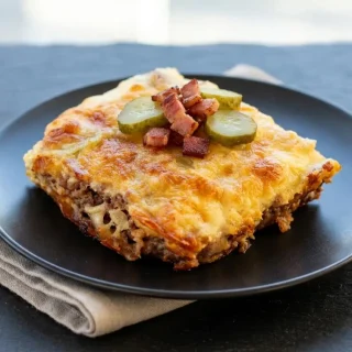 Keto cheeseburger casserole recipe baked golden brown in a ceramic dish with bubbly cheddar, bacon, and pickle slices.