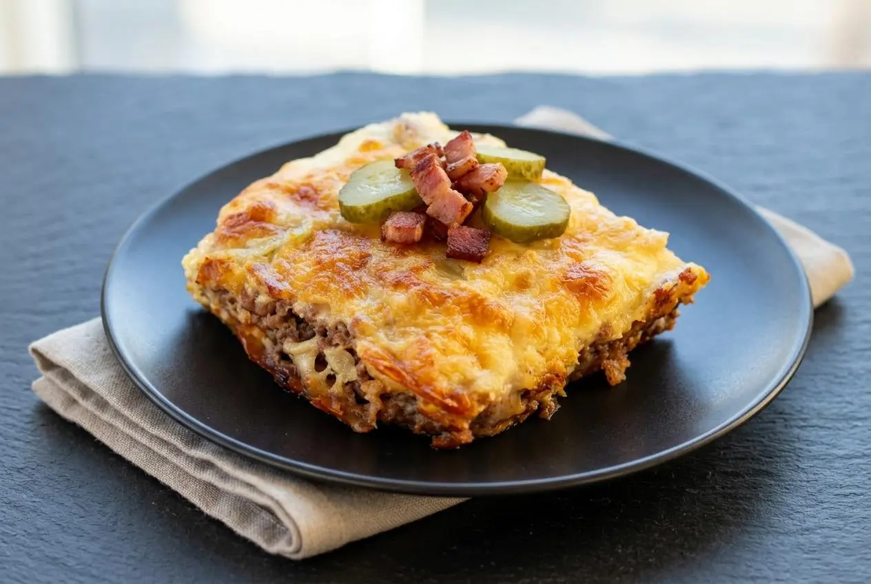 Keto cheeseburger casserole recipe baked golden brown in a ceramic dish with bubbly cheddar, bacon, and pickle slices.