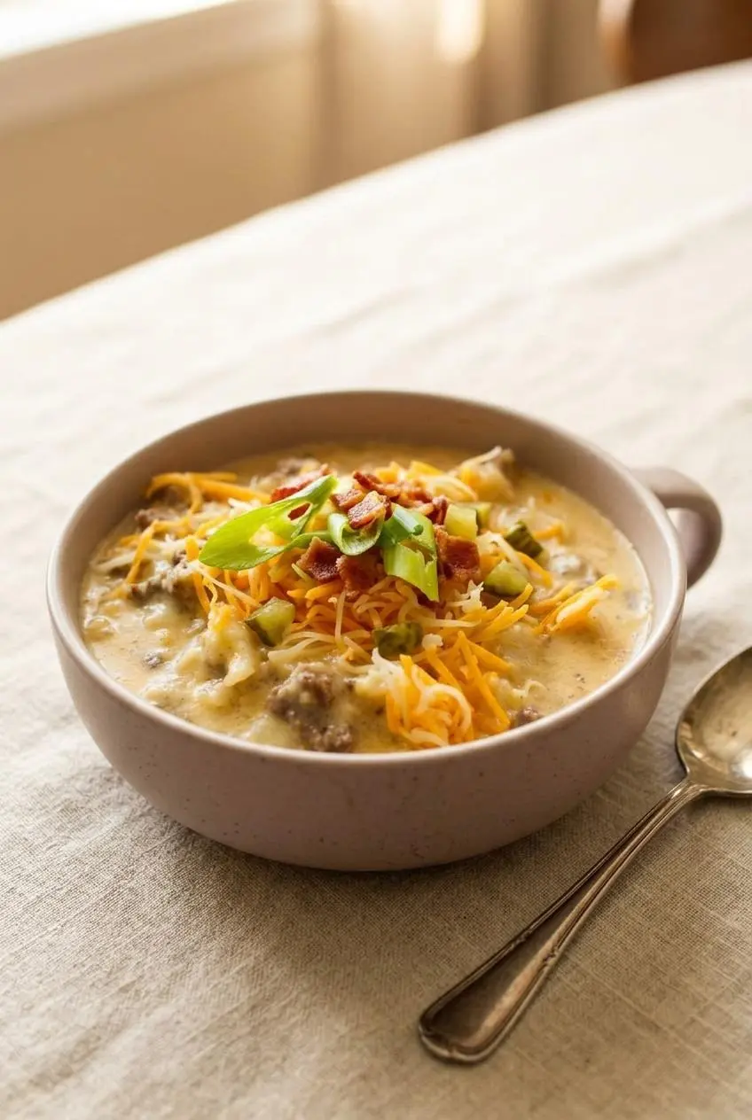 Bowl of cheeseburger soup topped with crispy bacon, sliced dill pickles, and chopped green onions.