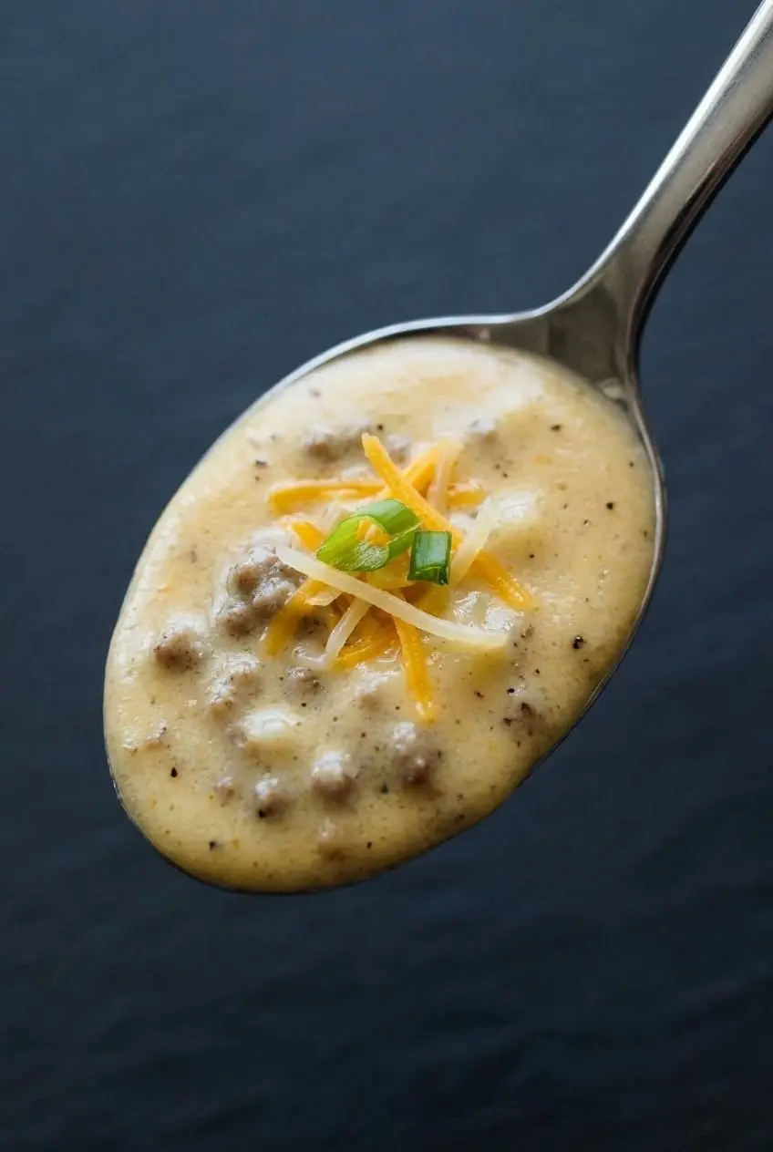 A spoon lifting velvety smooth keto cheeseburger soup, showing an emulsified broth free of cheese clumps.