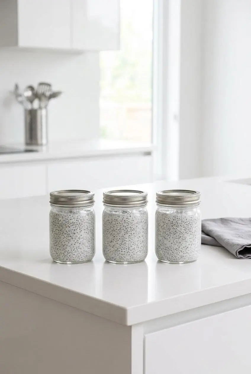 Three sealed glass jars filled with white chia seed pudding lined up on a modern white countertop.
