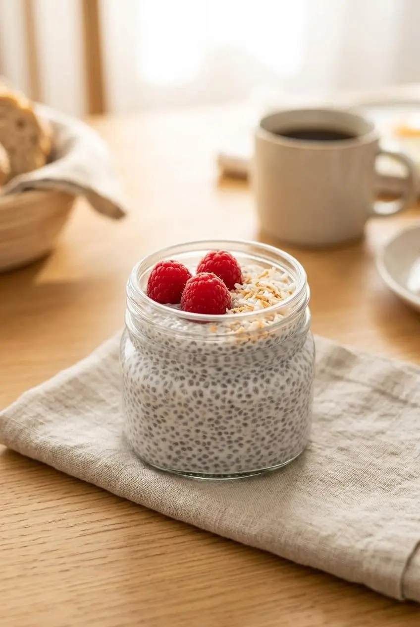 Keto chia pudding in a glass jar topped with fresh raspberries and toasted coconut flakes.
