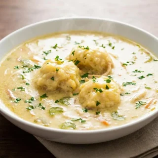 Cozy keto chicken and dumplings in a rich creamy broth garnished with fresh parsley.
