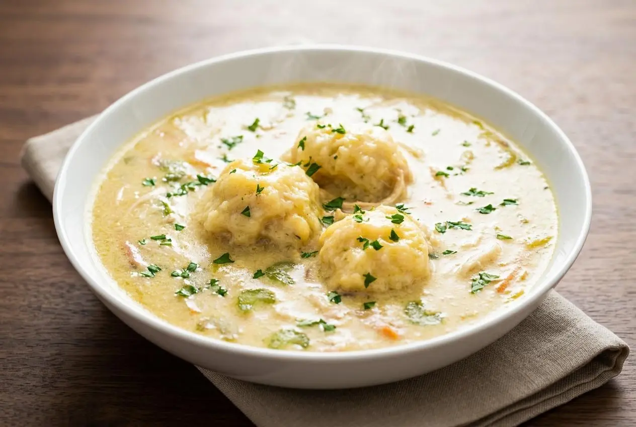 Cozy keto chicken and dumplings in a rich creamy broth garnished with fresh parsley.