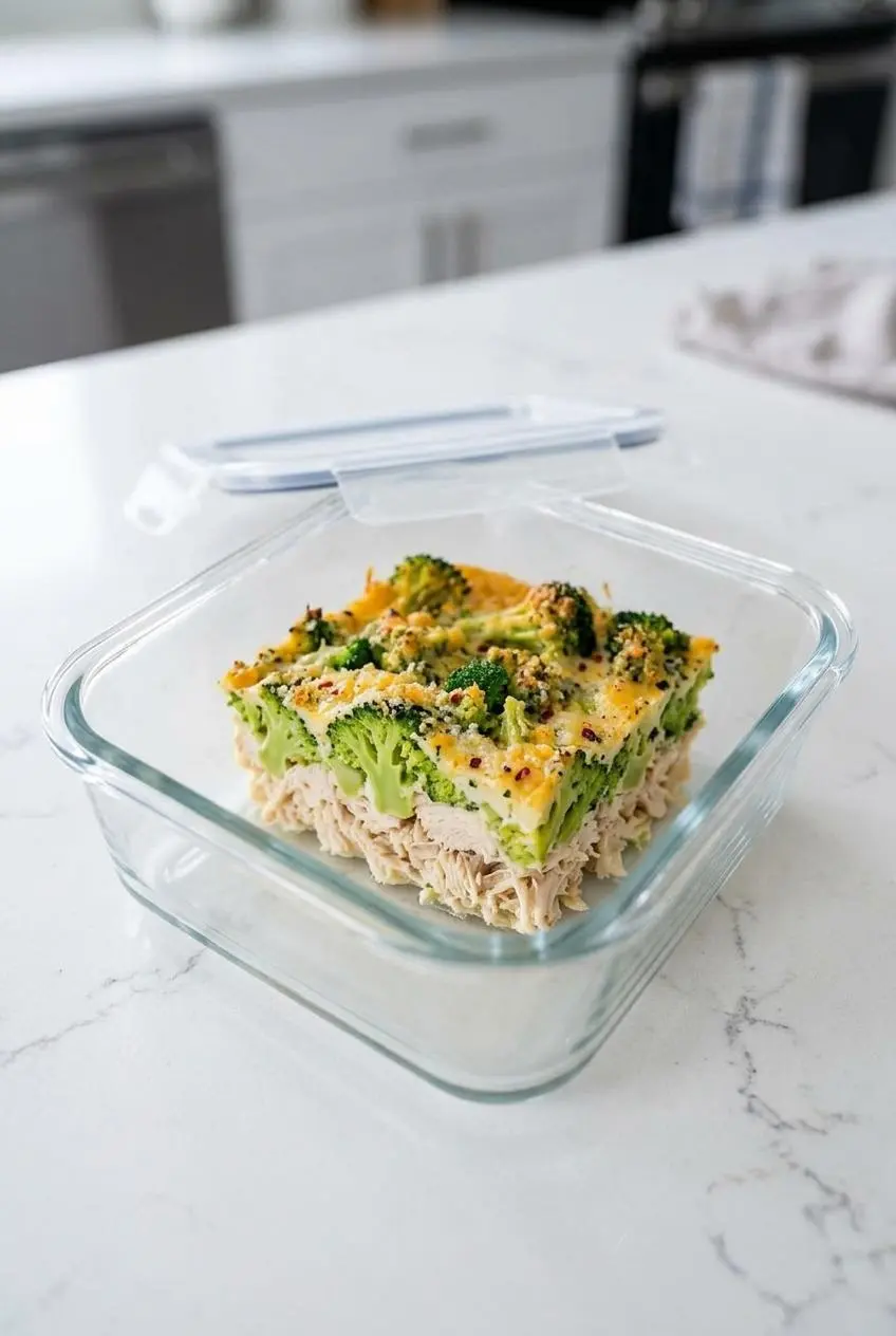 A square slice of chicken broccoli casserole inside a glass meal prep container on a quartz kitchen counter.