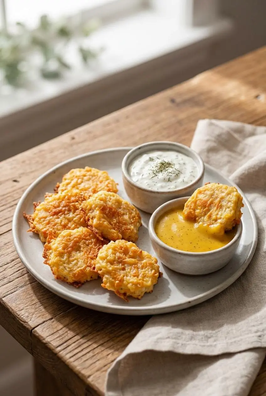 Five golden keto chicken nuggets on a plate served with low-carb ranch and honey mustard dipping sauces.