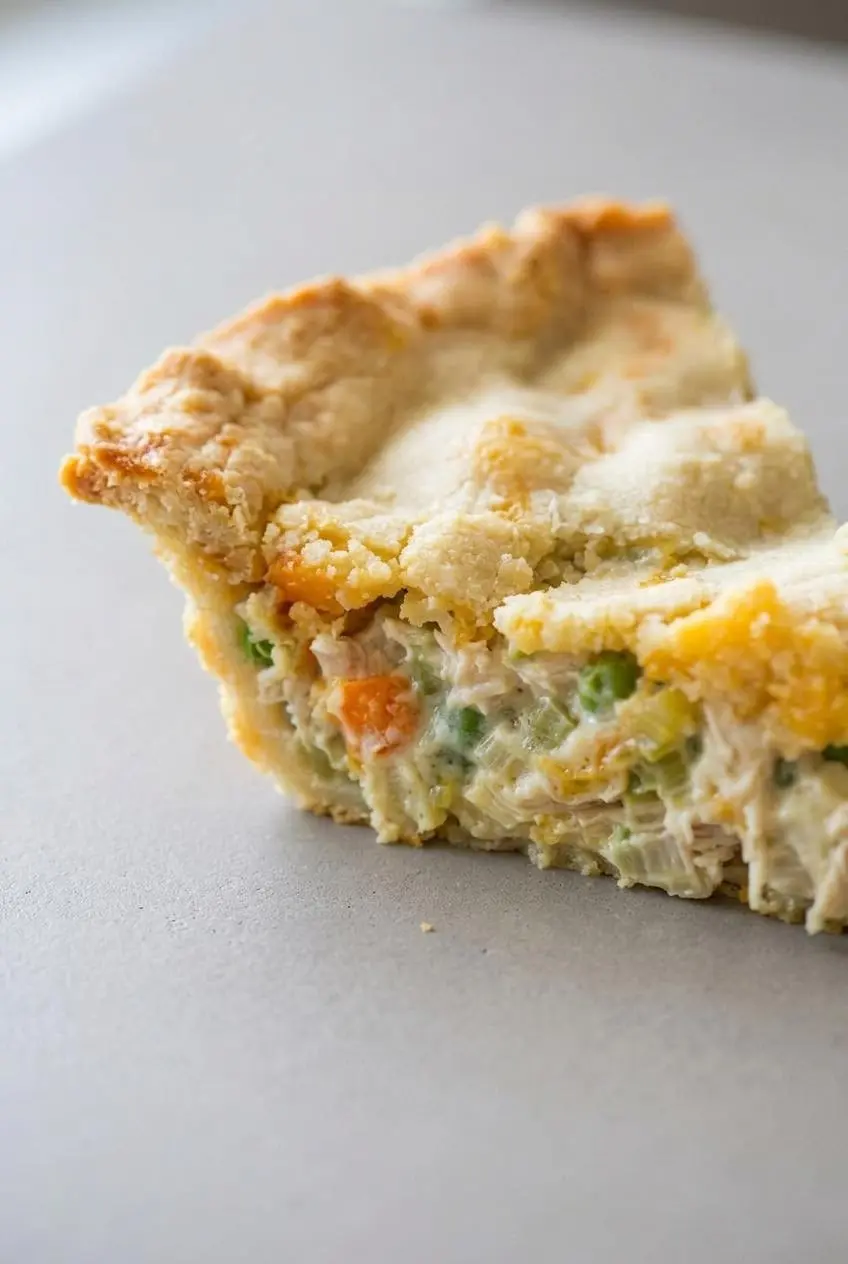 A close-up slice of keto chicken pot pie showing flaky almond flour crust layers and a thick, creamy chicken filling.