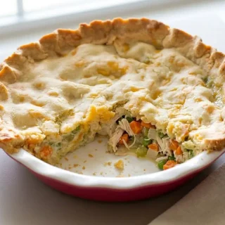 Whole keto chicken pot pie with a golden-brown almond flour crust and a bubbling creamy filling in a white pie plate.