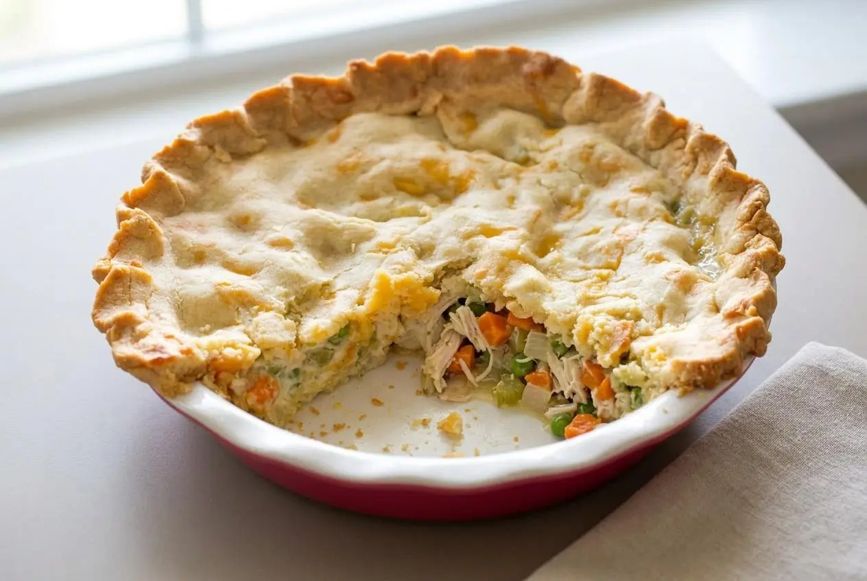 Whole keto chicken pot pie with a golden-brown almond flour crust and a bubbling creamy filling in a white pie plate.