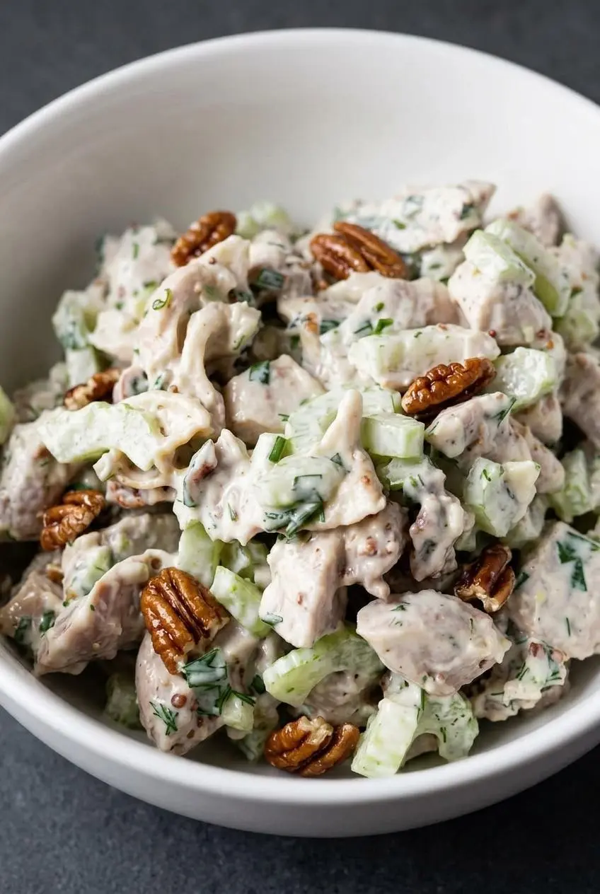 Close-up of velvety mayonnaise dressing coating tender chicken chunks, fresh herbs, and toasted pecan pieces.