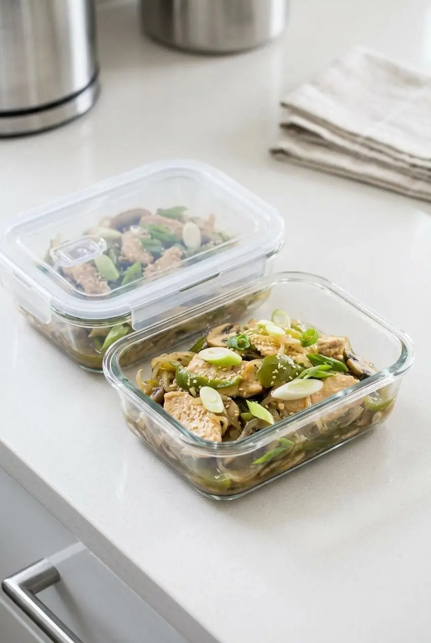 Keto chicken stir fry portioned into two airtight glass meal prep containers on a quartz counter.