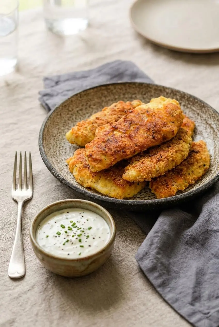 Platter of crispy keto chicken tenders served with a side of creamy ranch dipping sauce.