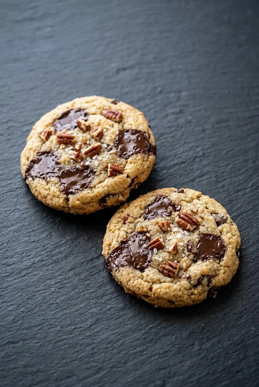 Keto cookies topped with toasted chopped pecans, dark chocolate puddles, and flaky sea salt.
