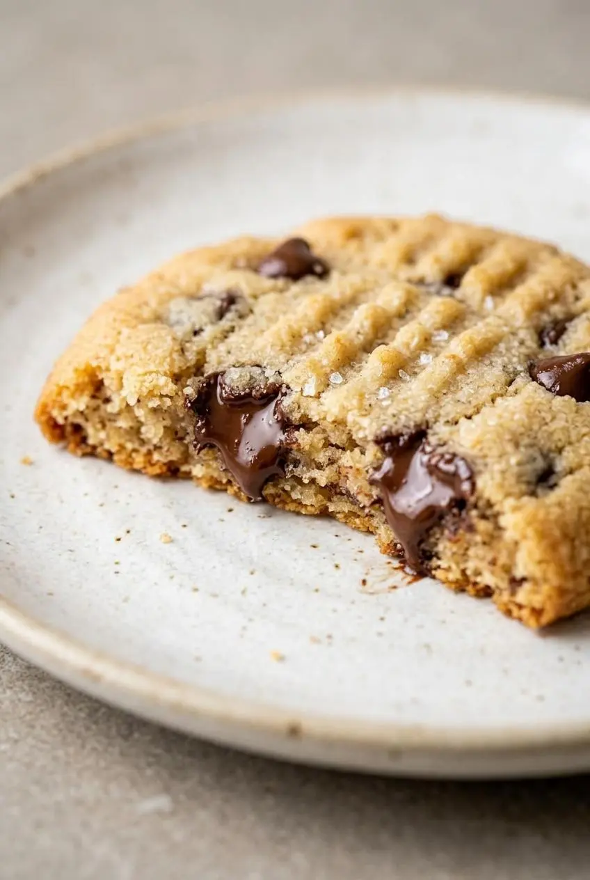 Close-up of a broken keto chocolate chip cookie revealing a soft, buttery crumb and melted chocolate.