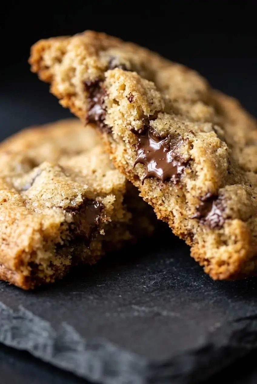 Close-up of a broken keto chocolate chip cookie showing a soft chewy center and melted sugar-free chocolate.
