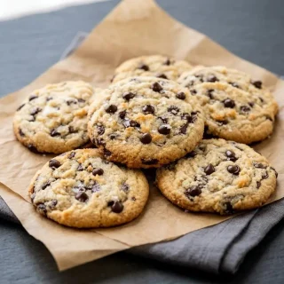 Tender keto chocolate chip cookies with golden baked edges and melted sugar-free chocolate chips.