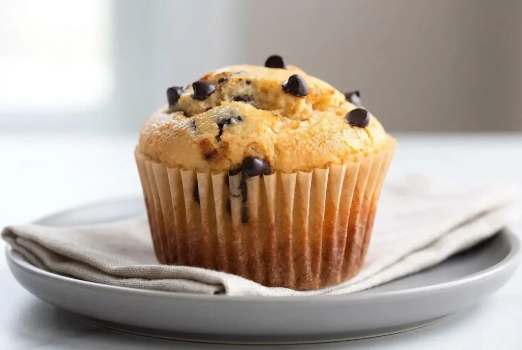Golden domed keto chocolate chip muffins with melted sugar-free chocolate pockets baked in paper liners.