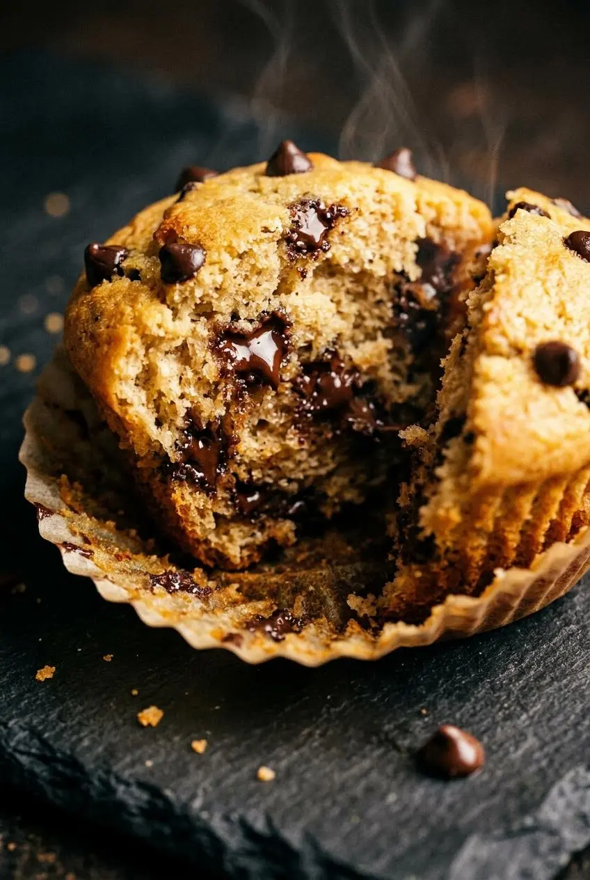 Warm broken keto chocolate chip muffin showing a tender crumb texture and melted mini chocolate chips.