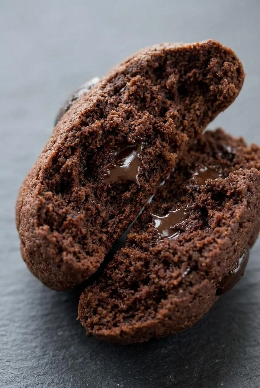 Broken keto chocolate cookie showing a tender fudgy interior crumb and melted chocolate chips.