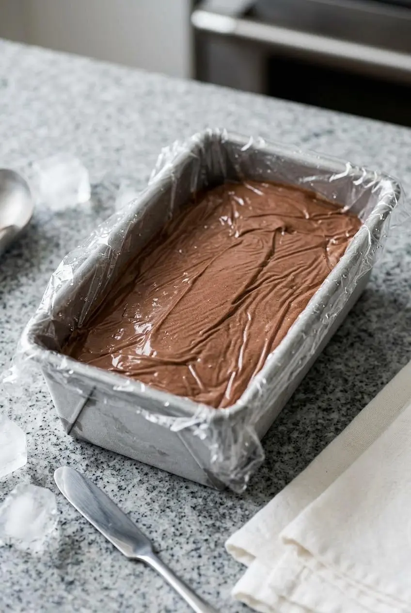 Cling wrap pressed directly onto chocolate ice cream surface in a stainless steel loaf pan.