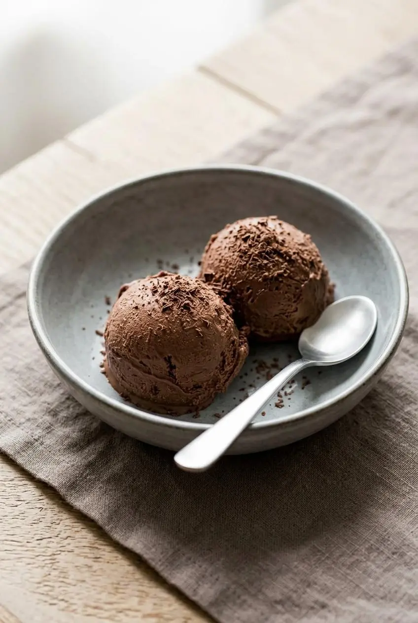 Two scoops of dark keto chocolate ice cream in a ceramic bowl topped with sugar-free chocolate shavings.